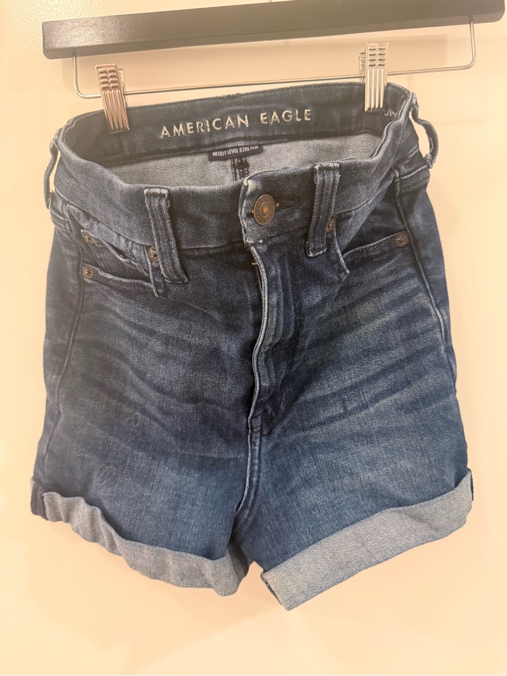 American Eagle Outfitters Dark Blue High-Rise Rolled Hem Jean Shorts